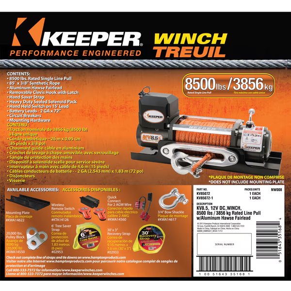 Value Winch, 12V DC 8500lbs W/Integ. Sealed Solenoids, Synthetic rope, Keeper, Mfr#: KV85072